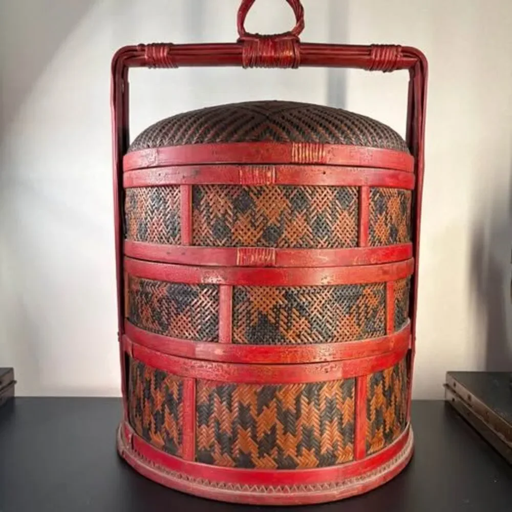 Chinese Wedding Basket 3-Tier Woven Antique